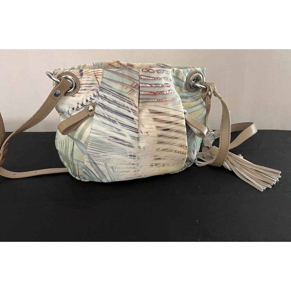 Vince Camuto Crossbody Shoulder Bag Tropical Print Tassel Neutral Leather Strap